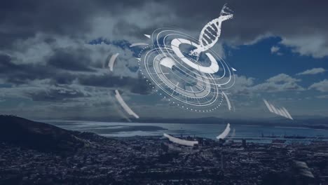 Animation-of-dna-helix-on-loading-circles,-aerial-view-of-city,-mountains-and-sea-against-cloudy-sky