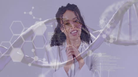 Animation-of-dna-strand-diagrams-with-data-processing-over-smiling-biracial-female-doctor