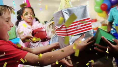 Animation-of-falling-confetti-over-happy-diverse-children-with-gift-box-running-in-party