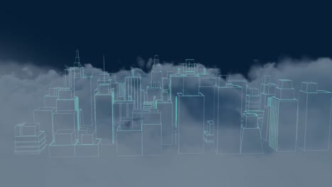 Animation-of-3d-model-of-modern-cityscape-over-puffy-clouds-against-abstract-background