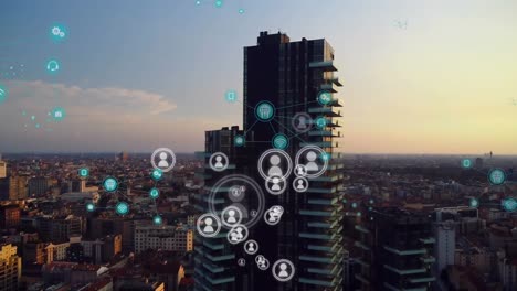 Animation-of-profile-icons-over-connected-icons-and-aerial-view-of-modern-cityscape-against-sky