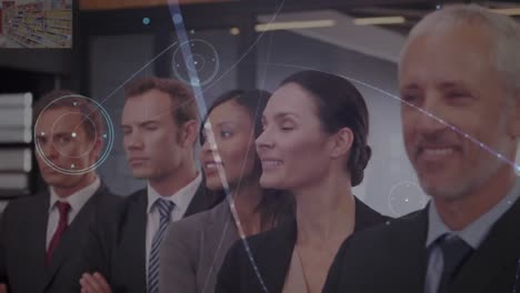 Animation-of-connected-dots,-circles-and-lens-flare,-portrait-of-confident-diverse-businesspeople