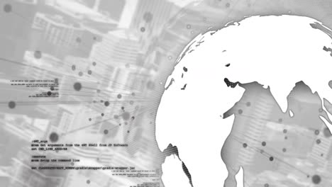 Animation-Von-Computersprache-Und-Punkten-über-Dem-Globus-Vor-Einer-Modernen-Stadt-Im-Hintergrund