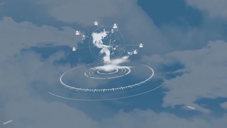 Animation-of-profile-icons-around-globe-on-circles-against-cloudy-sky-in-background