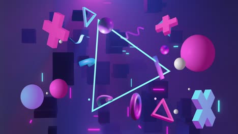 Animation-Von-Dreiecken-Und-Abstrakten-Formen,-Die-Sich-Auf-Violettem-Hintergrund-Bewegen