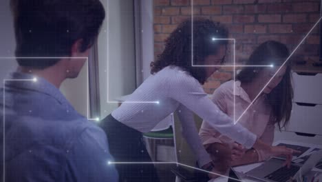 Animation-of-glowing-connecting-dots-against-diverse-colleagues-discussing-together-at-office