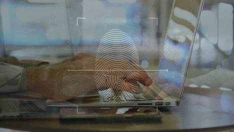 Animation-of-fingerprint-and-connected-dots-over-cropped-hands-of-caucasian-man-using-laptop