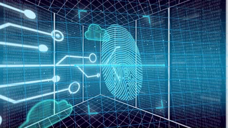 Animation-of-biometric-fingerprint,-clouds-and-network-of-connections-over-grid