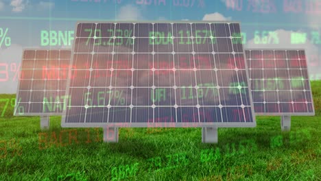 Animation-of-multicolored-trading-board-over-solar-panels-on-green-field-against-cloudy-sky
