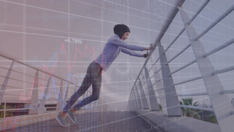 Animation-of-graphs-and-circle-with-grid-over-biracial-woman-in-hijab-stretching-on-footbridge