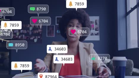 Animation-of-notification-icons-over-african-american-businesswoman-discussing-over-video-call