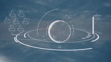 Animation-Von-Profilsymbolen,-Globus-Auf-Ladekreisen-Vor-Bewölktem-Himmel-Im-Hintergrund