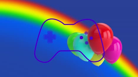 Animation-of-gaming-console-over-multicolored-balloons-and-rainbow-against-blue-background