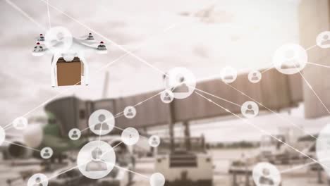 Animation-of-connected-icons-over-drone-carrying-cardboard-box-against-parked-airplane-and-truck