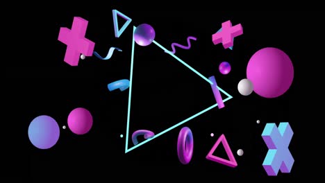 Animación-De-Triángulos-Y-Formas-Abstractas-Moviéndose-Sobre-Fondo-Negro