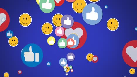 Animation-of-smiley,-thumbs-up-and-heart-icons-against-blue-background