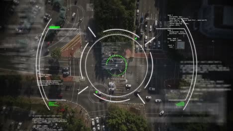 Animation-of-circles-and-computer-language-over-aerial-view-of-moving-vehicles-on-street