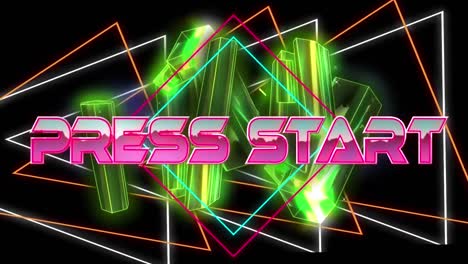Animation-of-press-start-text-over-geometric-shape-and-3d-bars-against-black-background