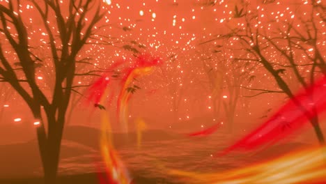 Animation-of-orange-flame,-falling-light-spots-over-trees