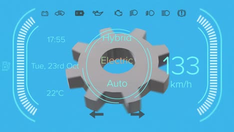 Animation-of-turning-cog-and-speedometer-over-blue-background