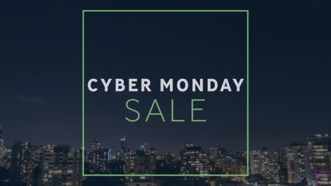 Animation-of-cyber-monday-and-sale-text-in-square-over-illuminated-buildings-against-sky