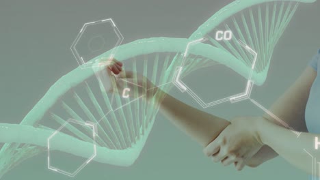 Animation-of-dna-strand-with-data-processing-over-midsection-of-caucasian-woman-stretching-arm