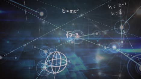 Animation-of-mathematical-equations-over-lens-flares-and-connected-dots-on-abstract-background