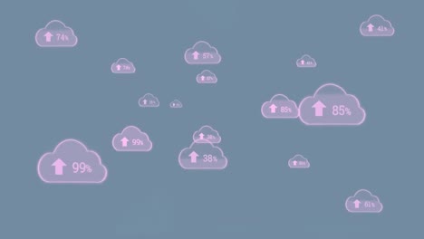 Animation-of-changing-numbers-and-arrow-in-clouds-over-multiple-graphs-on-blue-background