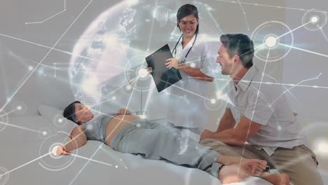 Animation-of-connected-dots,-globe,-caucasian-doctor-checking-pregnant-lady-visited-with-partner