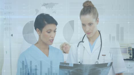 Animation-of-infographic-interface-over-diverse-female-doctors-discussing-patient-x-ray-in-hospital