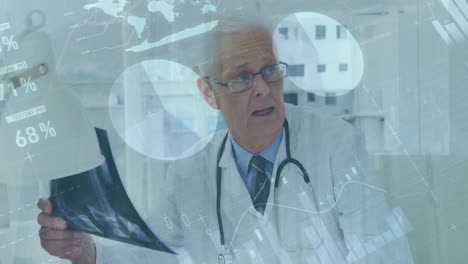 Animation-of-infographic-interface-over-caucasian-doctor-discussing-x-ray-with-patient-in-hospital