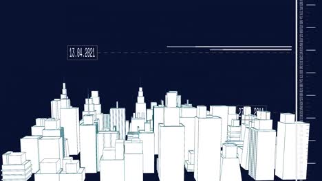 Animation-of-changing-numbers-and-moving-lines-over-3d-model-of-modern-cityscape