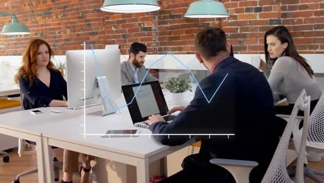 Animation-of-graph-over-diverse-coworkers-talking-and-working-on-computer-in-office