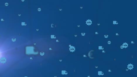 Animation-Mehrerer-Computeranwendungssymbole-über-Blendenflecken-Vor-Blauem-Hintergrund