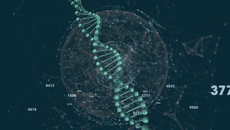 Animation-of-changing-numbers,-dna-helix-against-connected-dots-forming-globe-and-geometric-shapes
