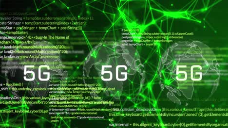 Animation-of-5g-text-banners-over-spinning-globe-against-network-of-connections-and-data-processing