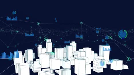Animation-of-3d-model-of-modern-cityscape-over-connected-dots-and-graph-icons-in-background
