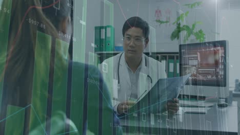 Animation-of-multiple-graphs-with-numbers-over-diverse-doctor-discussing-x-ray-report-with-patient