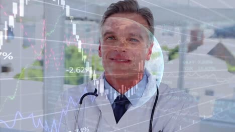 Animation-of-graphs-with-numbers-over-globe-and-smiling-caucasian-doctor-standing-arms-crossed