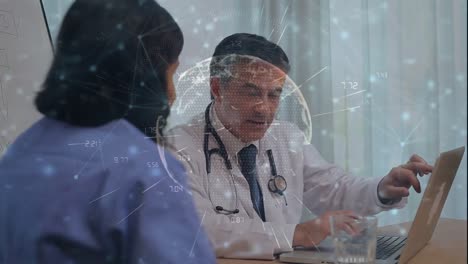 Animation-of-globe,-connected-dots,-diverse-doctor-explaining-medical-reports-to-patient-on-laptop