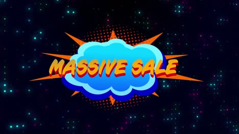 Animation-of-massive-sale-text-over-cloud-against-illuminated-dots-on-black-background