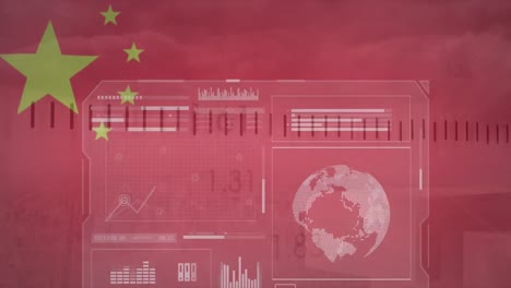 Animation-of-globe,-graphs,-loading-bars-and-circles-against-flag-of-china-in-background