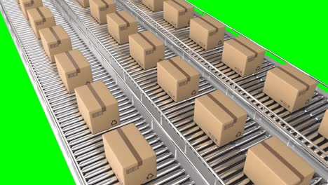 Animation-of-cardboard-boxes-moving-on-conveyor-belts-against-green-background