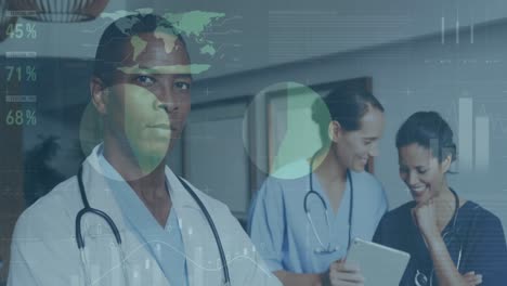 Animation-of-infographic-interface-over-smiling-african-american-doctor-standing-arms-crossed