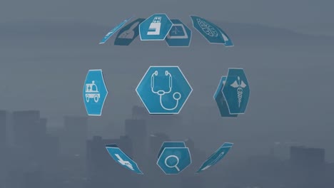 Animation-of-medical-icon-in-hexagons-forming-globe-over-fog-covered-modern-city