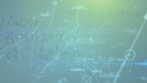 Animation-of-mathematical-equations-over-connected-dots-and-graph-icons-on-blue-background