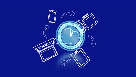 Animation-of-arrows-and-application-icons-around-digital-clock-against-blue-background