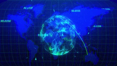 Animation-of-globe-of-plexus-networks-spinning-over-world-map-against-blue-background