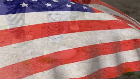 Animation-Der-Flagge-Amerikas,-Die-über-Dem-Mittelteil-Eines-Soldaten-Weht,-Der-Einem-Untergebenen-Die-Helfende-Hand-Reicht