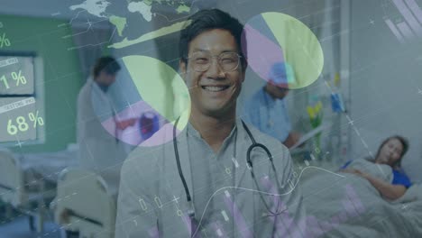 Animation-of-graphs-and-infographic-interface-over-smiling-asian-doctor-standing-in-hospital